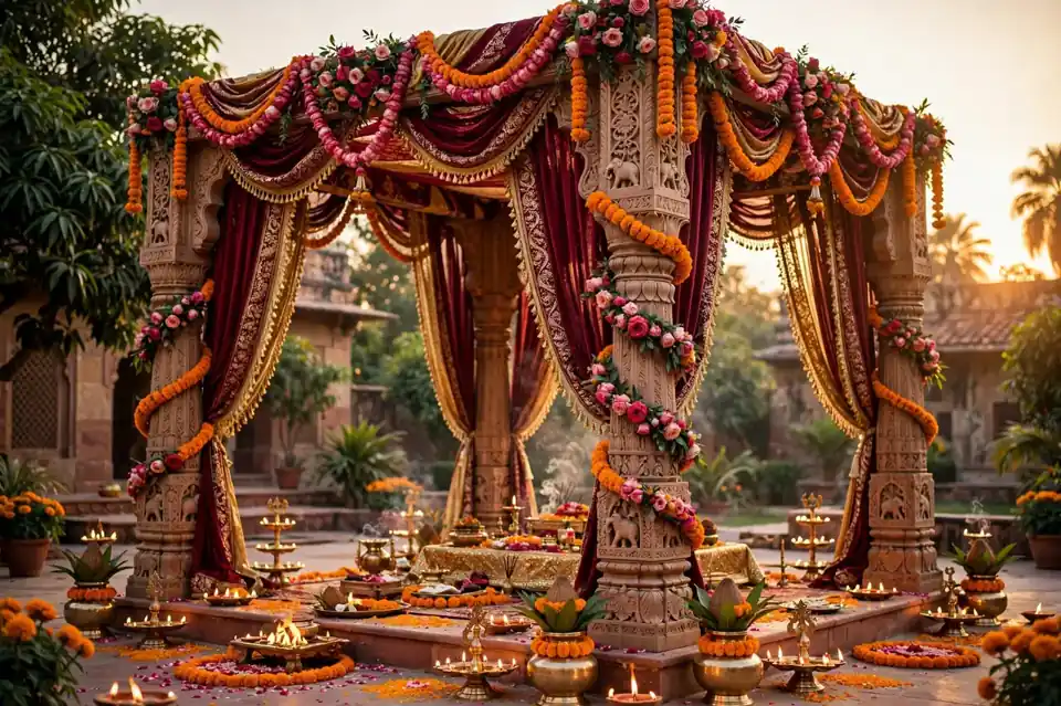 Maroon-gold sajawat wala paramparik Hindu vivah mandap, gende ke haar aur diye
