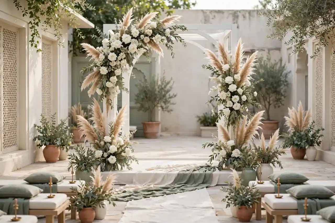 Ivory aur sage-green rang ki modern minimal shaadi sajawat, safed phoolon ka arch