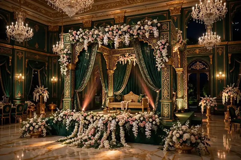 Emerald-green aur sunehri sajawat wala premium royal shaadi stage, jhumar aur phool