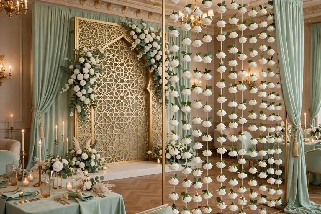 Mint-green aur sunehri Nikah sajawat, safed gulaabon ki phool-pardi aur geometric arch